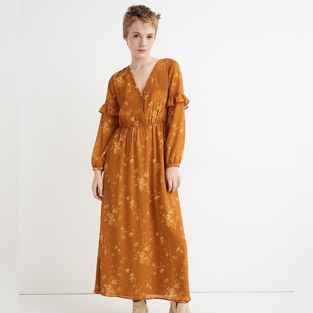 Madewell Ruffle-Sleeve Button-Front Dress in Tonal Botanical